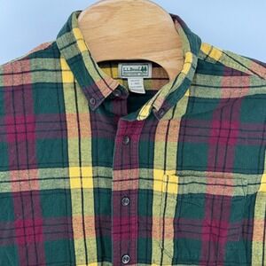 LL Bean Mens L REG Green‎ Burgundy Yellow Plaid Flannel Shirt 100% Cotton